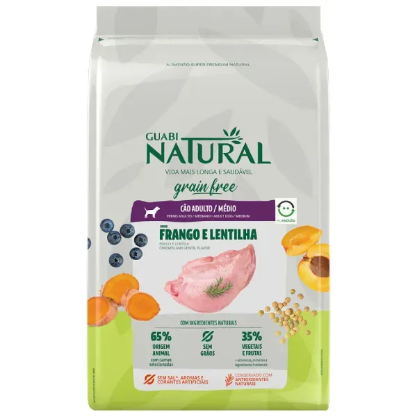 Ração Guabi Natural Grain Free Cães Adultos Raças Médias Frango e Lentilha 12 kg